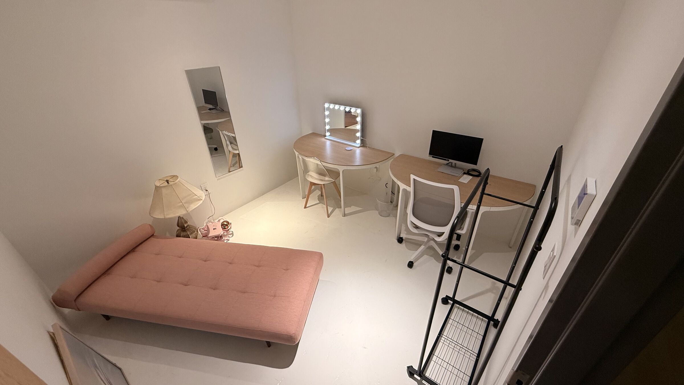 The Makeup Studio: alternate overhead wide angle showing the work-and-prep flow.