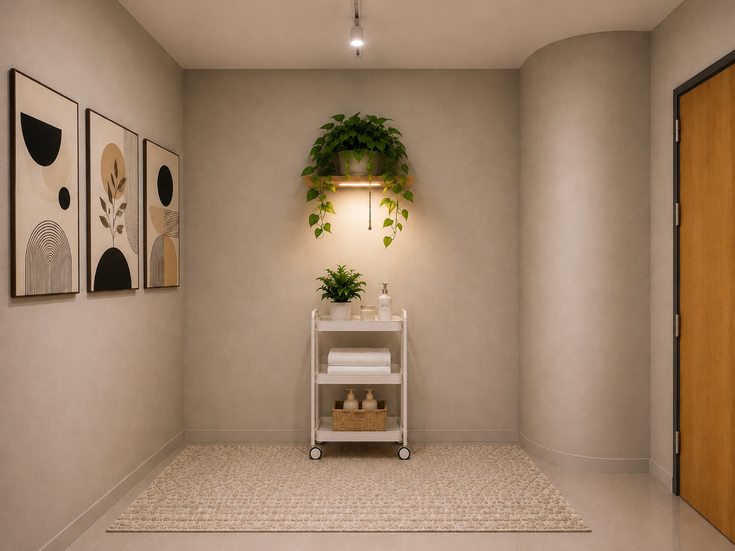 Massage Studio detail: a trailing pothos on a lit wood shelf above a white supply cart with rolled towels and lotions, framed line-art on the wall.