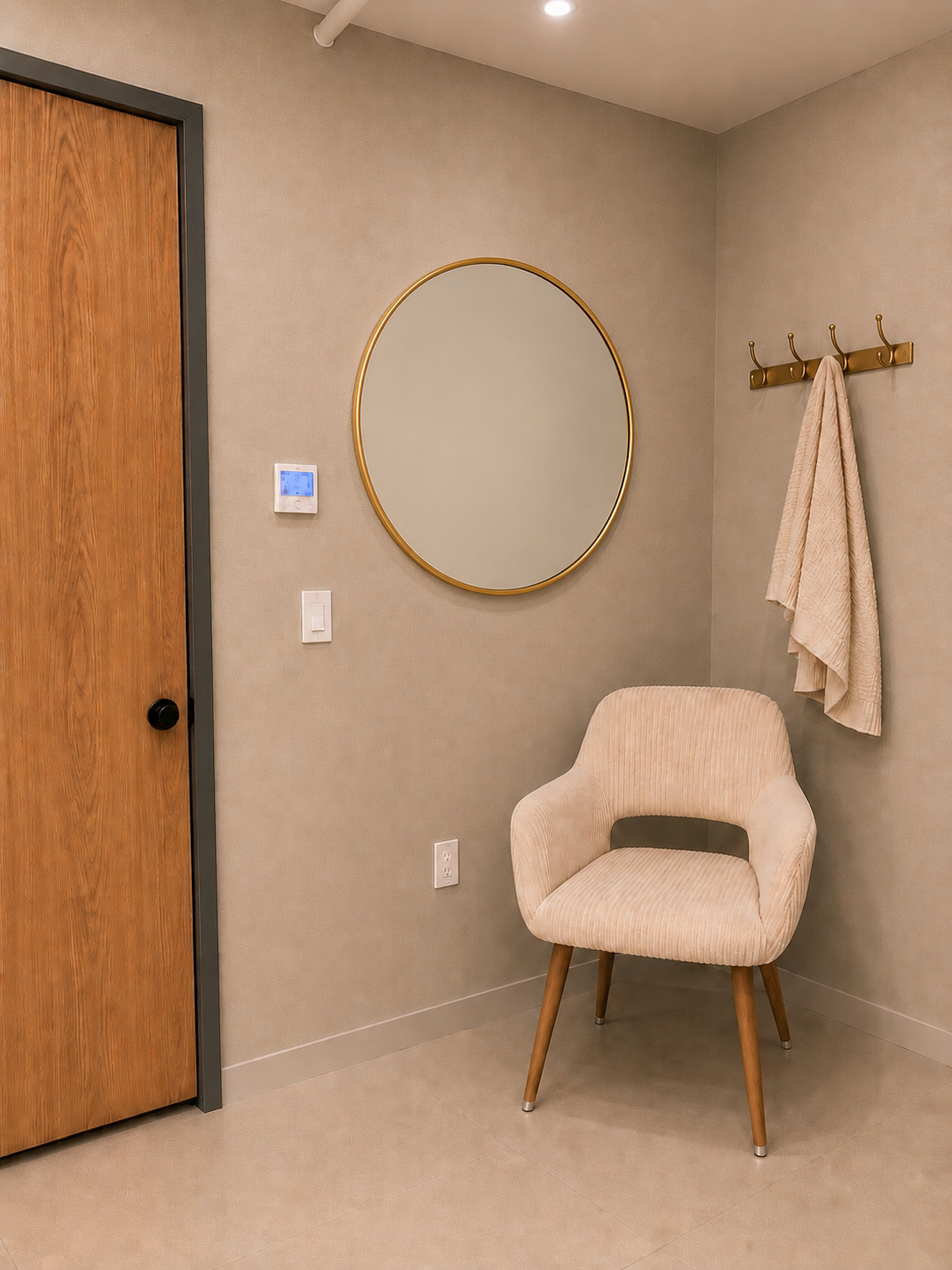 Massage Studio entry: a round gold mirror, brass coat hooks with a plush towel, a corduroy boucle armchair, and a digital climate thermostat by the door.