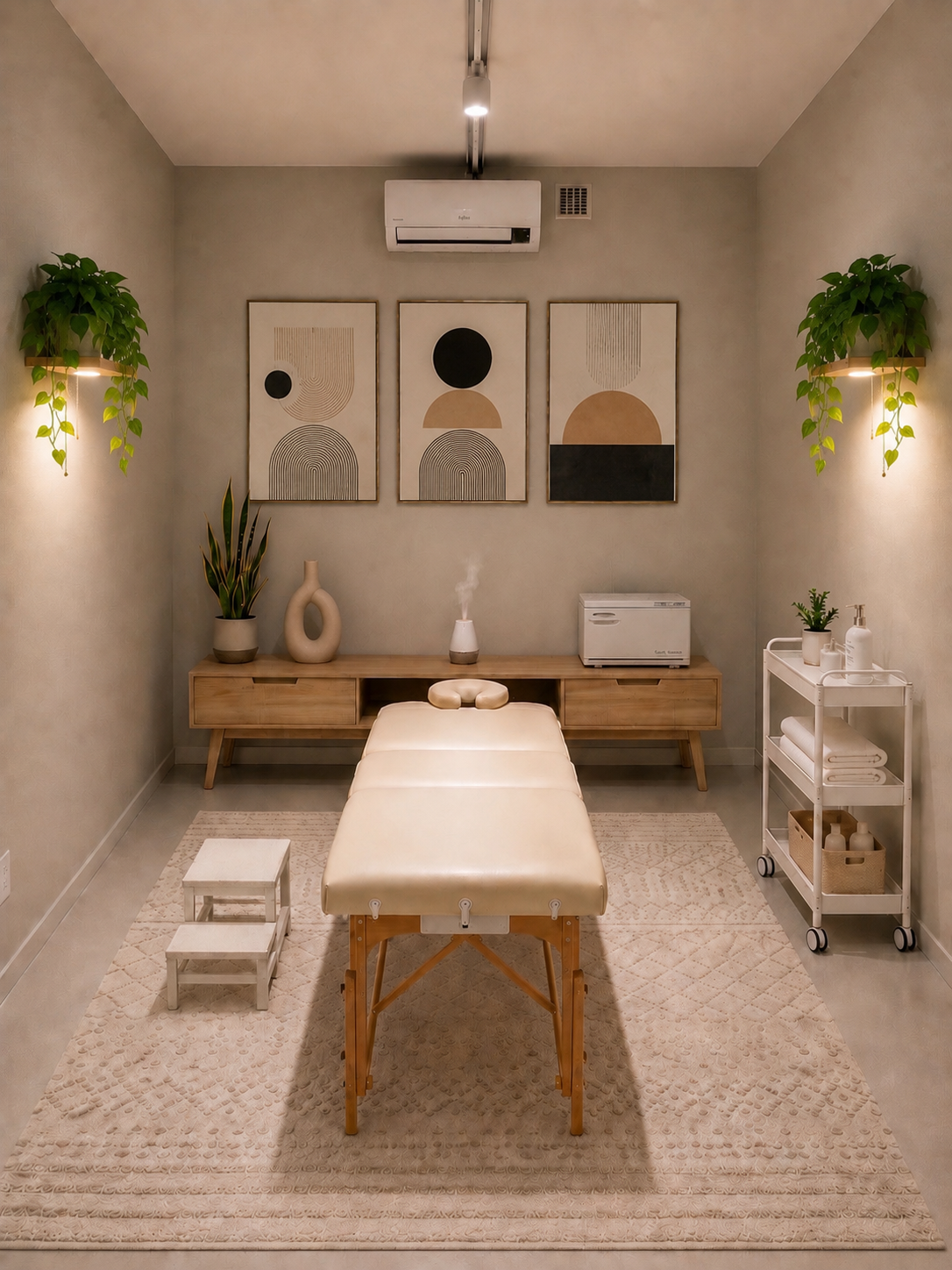 NYSF Massage Studio: a cream upholstered massage table centered on a textured rug, warm sconce-lit botanical wall art, wood console with towel warmer and aromatherapy diffuser, and a linen cart.
